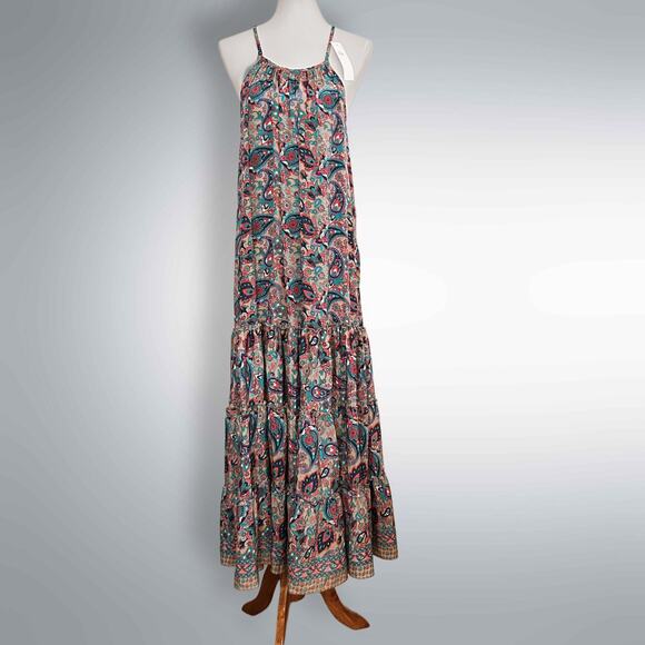 Boho Paisley Tiered Summer Maxi Dress – White Waves, Size Small/Medium - Picture 2 of 5